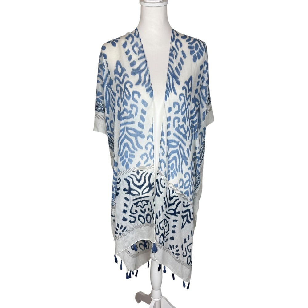 Blue White Ikat Tribal Kimono Cover Up Tassel Fringe‎ One Size Beach Swim